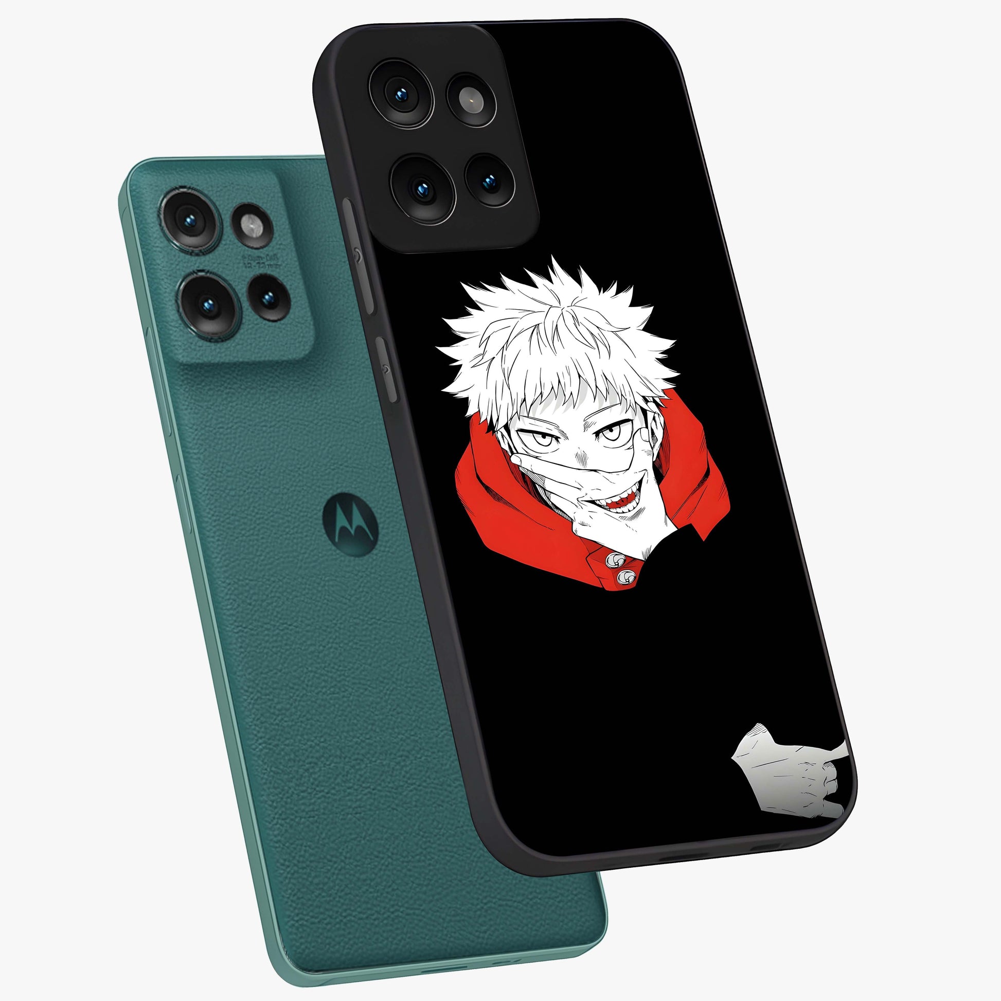 Crimson Chaos Smile Glass Case displayed in angled mockup highlighting edgy crimson smile design with graphic aesthetic.