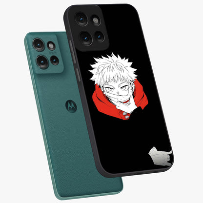 Crimson Chaos Smile Glass Case displayed in angled mockup highlighting edgy crimson smile design with graphic aesthetic.
