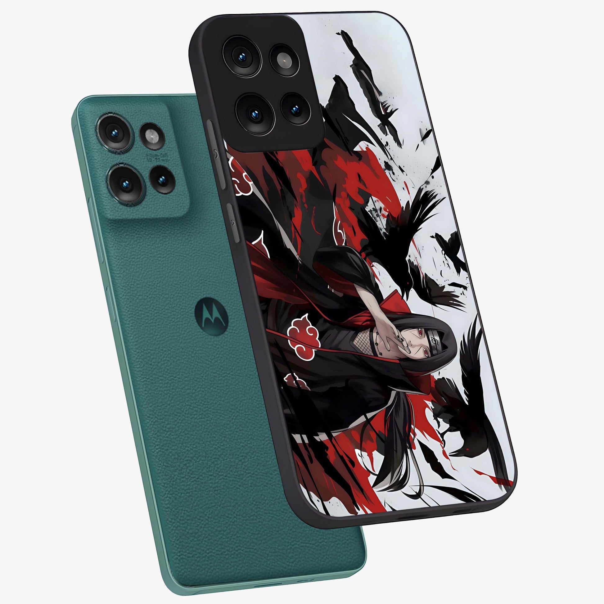 Crimson Crow Illusion Glass Case displayed in angled mockup highlighting mysterious crow graphic with dark aesthetic style.