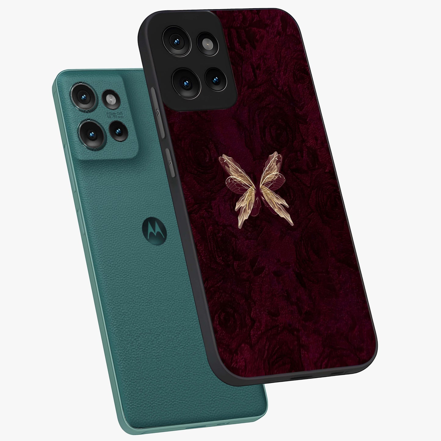 Crimson Fade Butterfly Glass Case displayed in angled mockup highlighting elegant butterfly design with crimson gradient aesthetic.