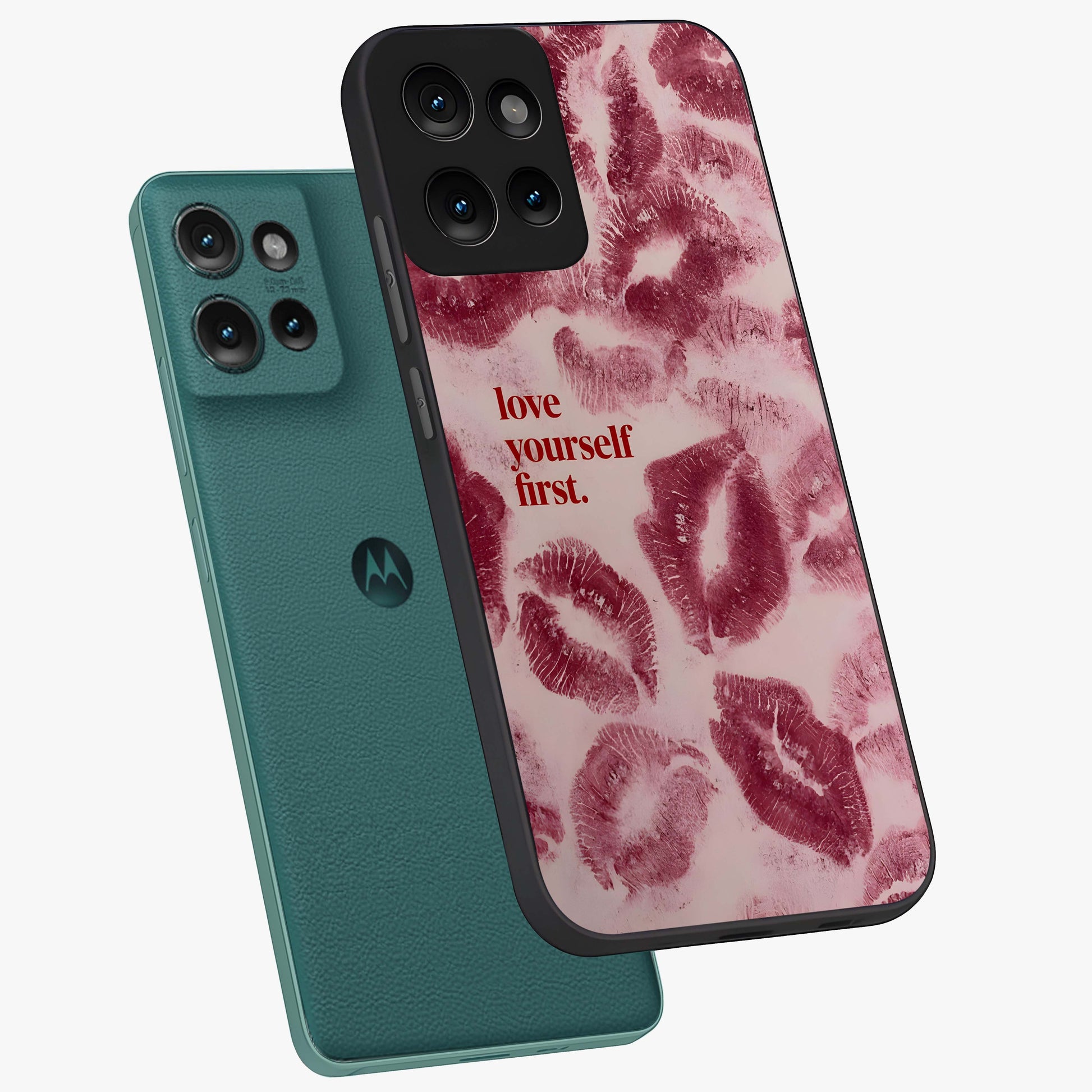 Crimson Kiss Love Glass Case displayed in angled mockup highlighting bold love inspired design with modern aesthetic style.