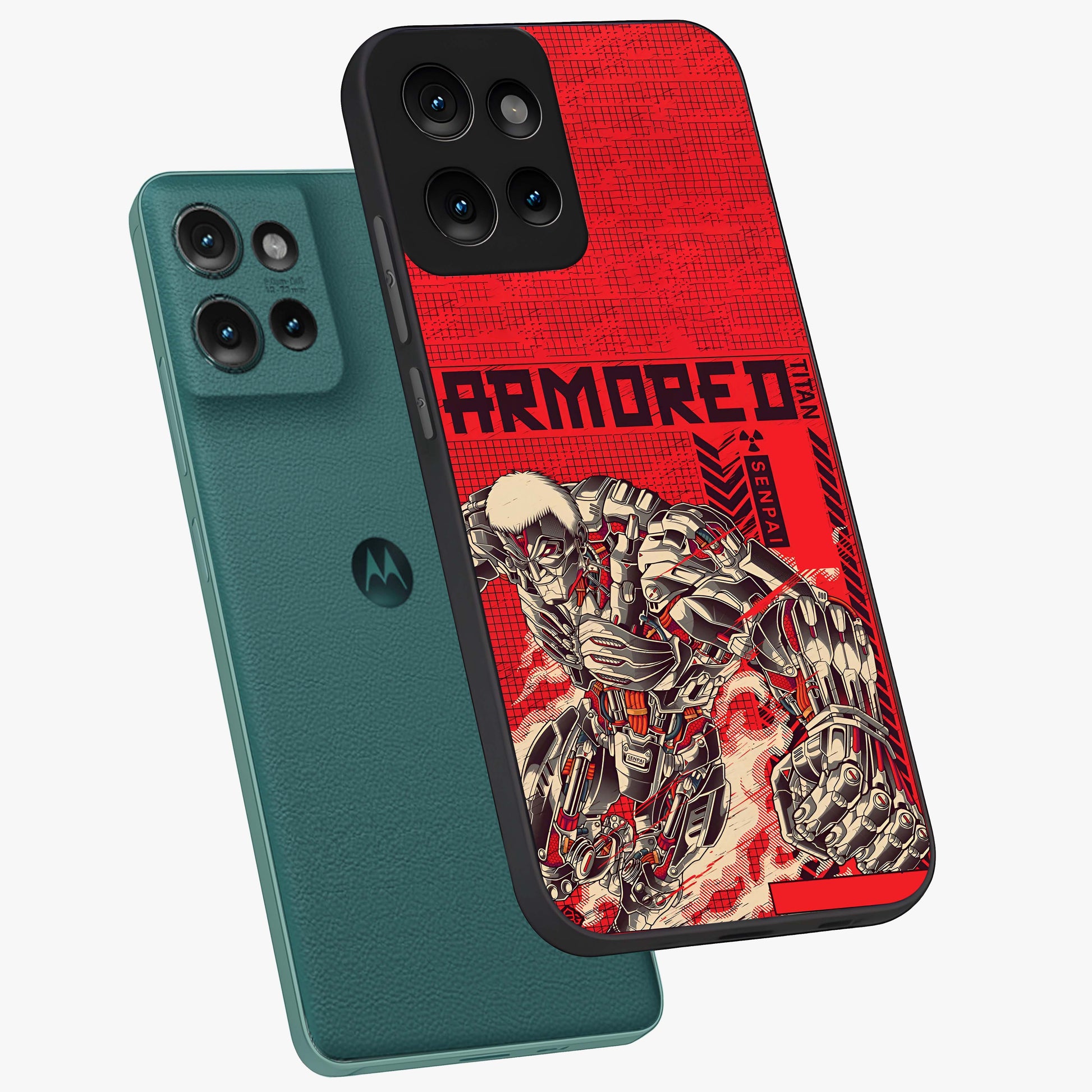 Crimson Mecha Titan Glass Case displayed in angled mockup highlighting futuristic mech illustration with bold crimson aesthetic.