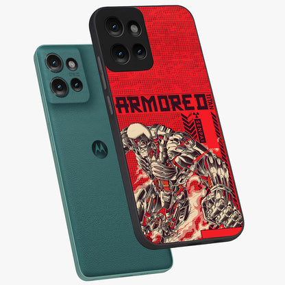 Crimson Mecha Titan Glass Case displayed in angled mockup highlighting futuristic mech illustration with bold crimson aesthetic.