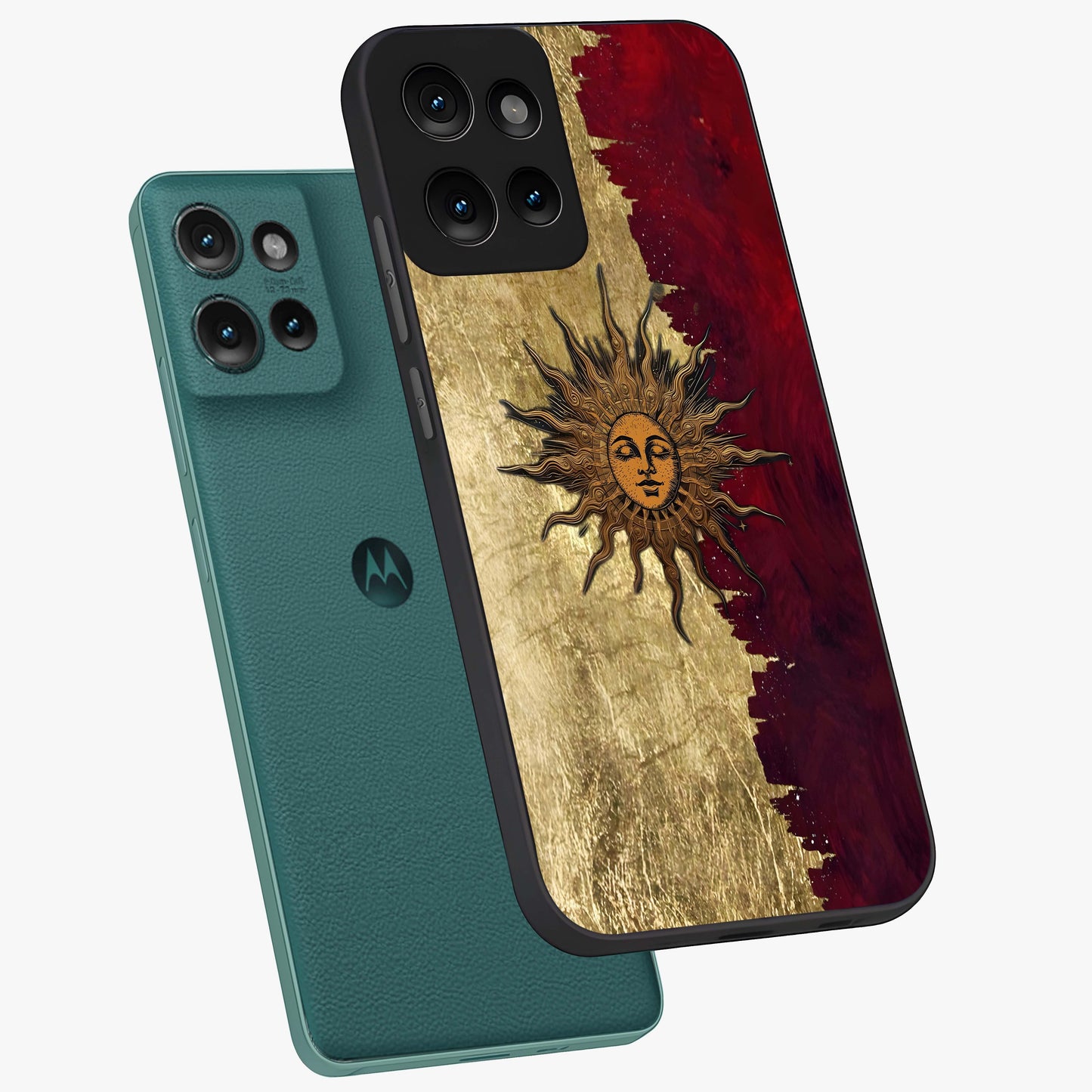 Crimson Sun Majesty Glass Case displayed in angled mockup highlighting majestic crimson sun design with bold aesthetic style.