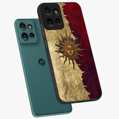 Crimson Sun Majesty Glass Case displayed in angled mockup highlighting majestic crimson sun design with bold aesthetic style.