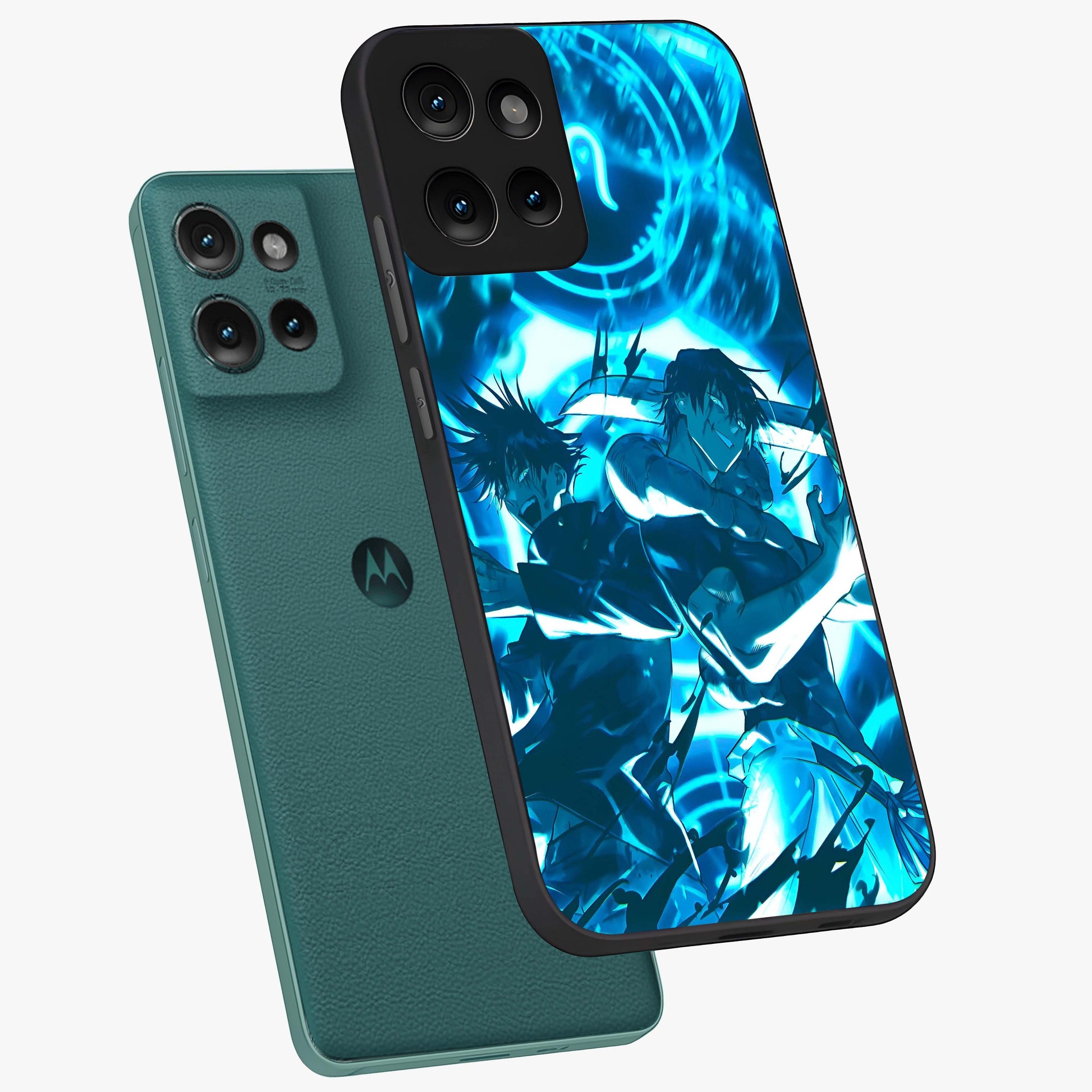 Cursed Energy Clash Glass Case displayed in angled mockup highlighting powerful battle inspired graphic with anime style aesthetic.