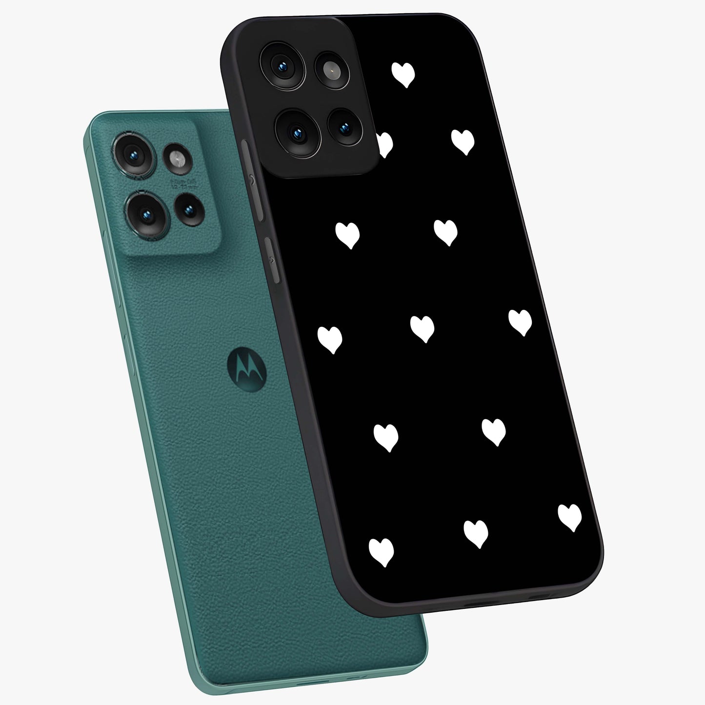 Cute And Simple White Hearts Glass Case displayed in angled mockup highlighting cute heart design with clean aesthetic style.