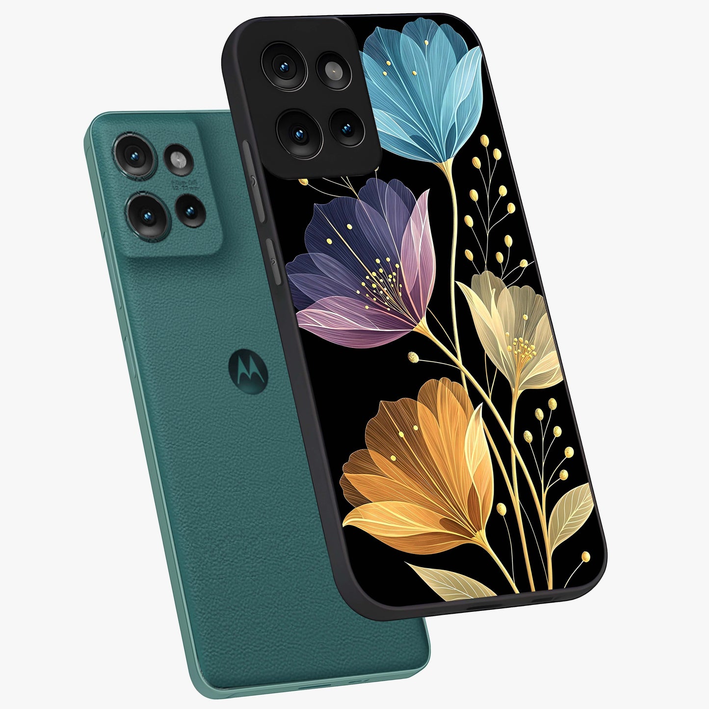 Delicate Multicolor Flowers Glass Case displayed in angled mockup highlighting colorful flower pattern with soft aesthetic style.