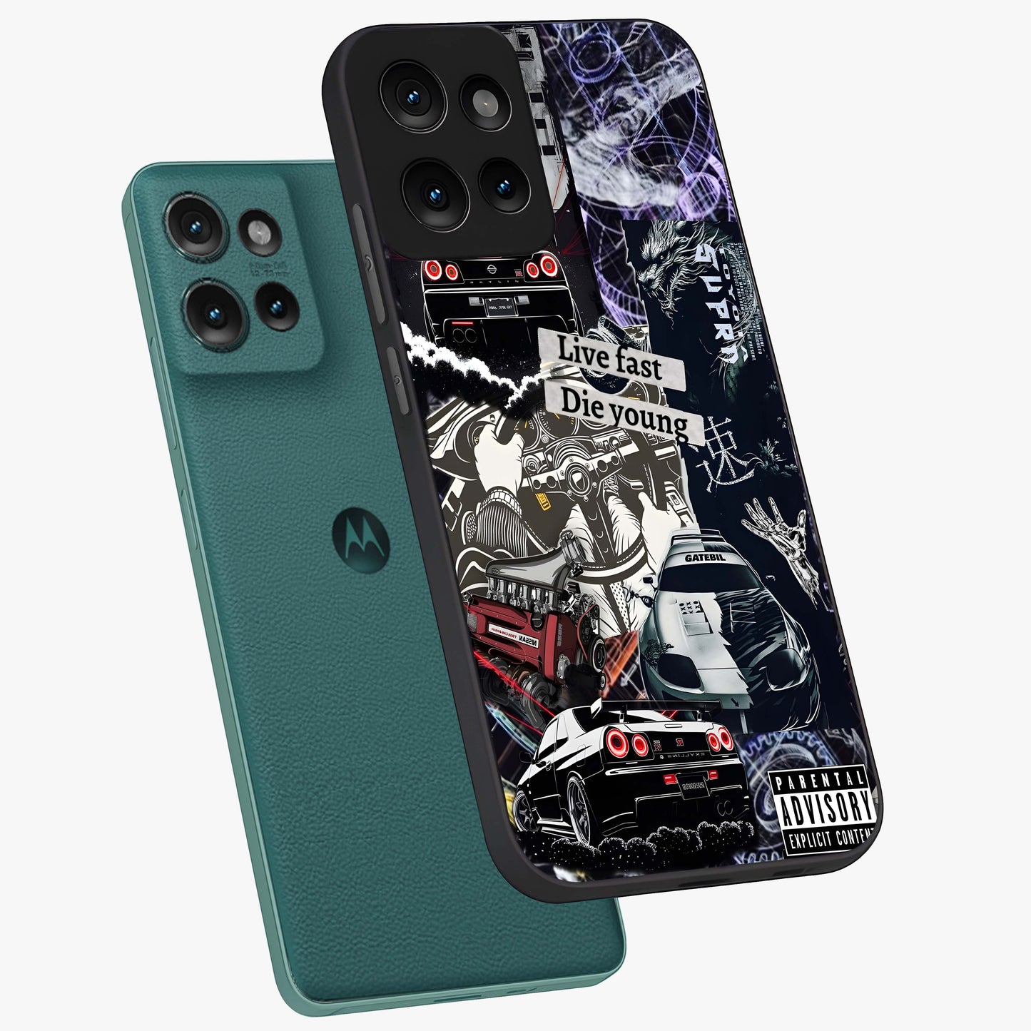 Die Young Glass Case displayed in angled mockup highlighting expressive graphic artwork with edgy aesthetic style.