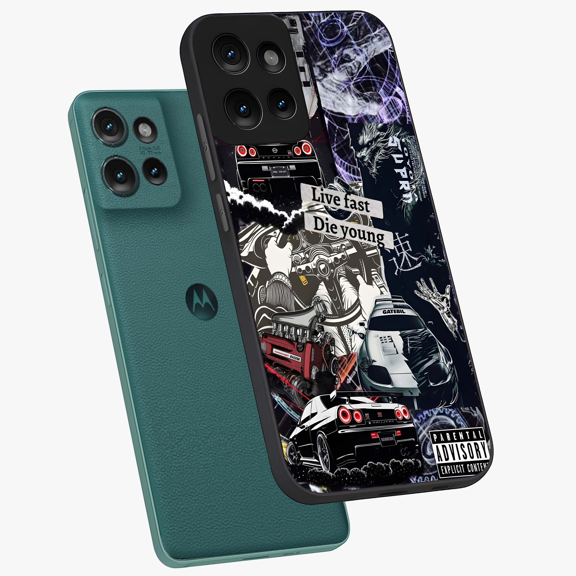 Die Young Glass Case displayed in angled mockup highlighting expressive graphic artwork with edgy aesthetic style.