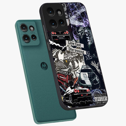 Die Young Glass Case displayed in angled mockup highlighting expressive graphic artwork with edgy aesthetic style.