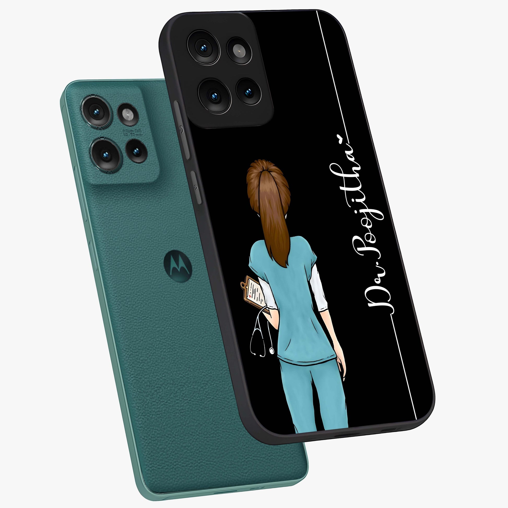 Doctor Pattern Custom Name Glass Case displayed in angled mockup highlighting doctor inspired artwork with custom name feature.