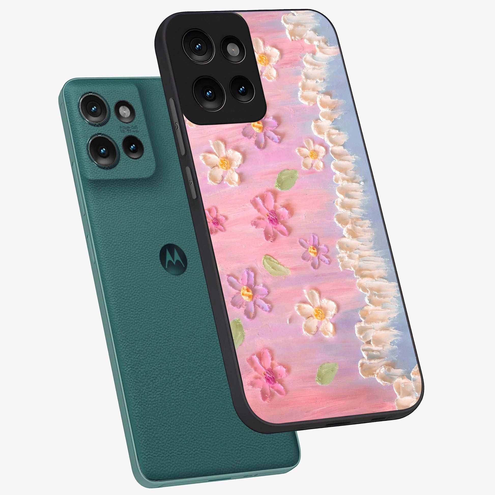 Dreamy Painted Garden Glass Case displayed in angled mockup highlighting colorful garden illustration with dreamy aesthetic style.