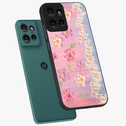 Dreamy Painted Garden Glass Case displayed in angled mockup highlighting colorful garden illustration with dreamy aesthetic style.