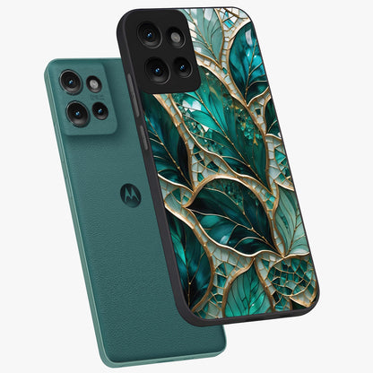 Emerald Leaf Glass Glass Case displayed in angled mockup highlighting botanical leaf illustration with elegant natural aesthetic.