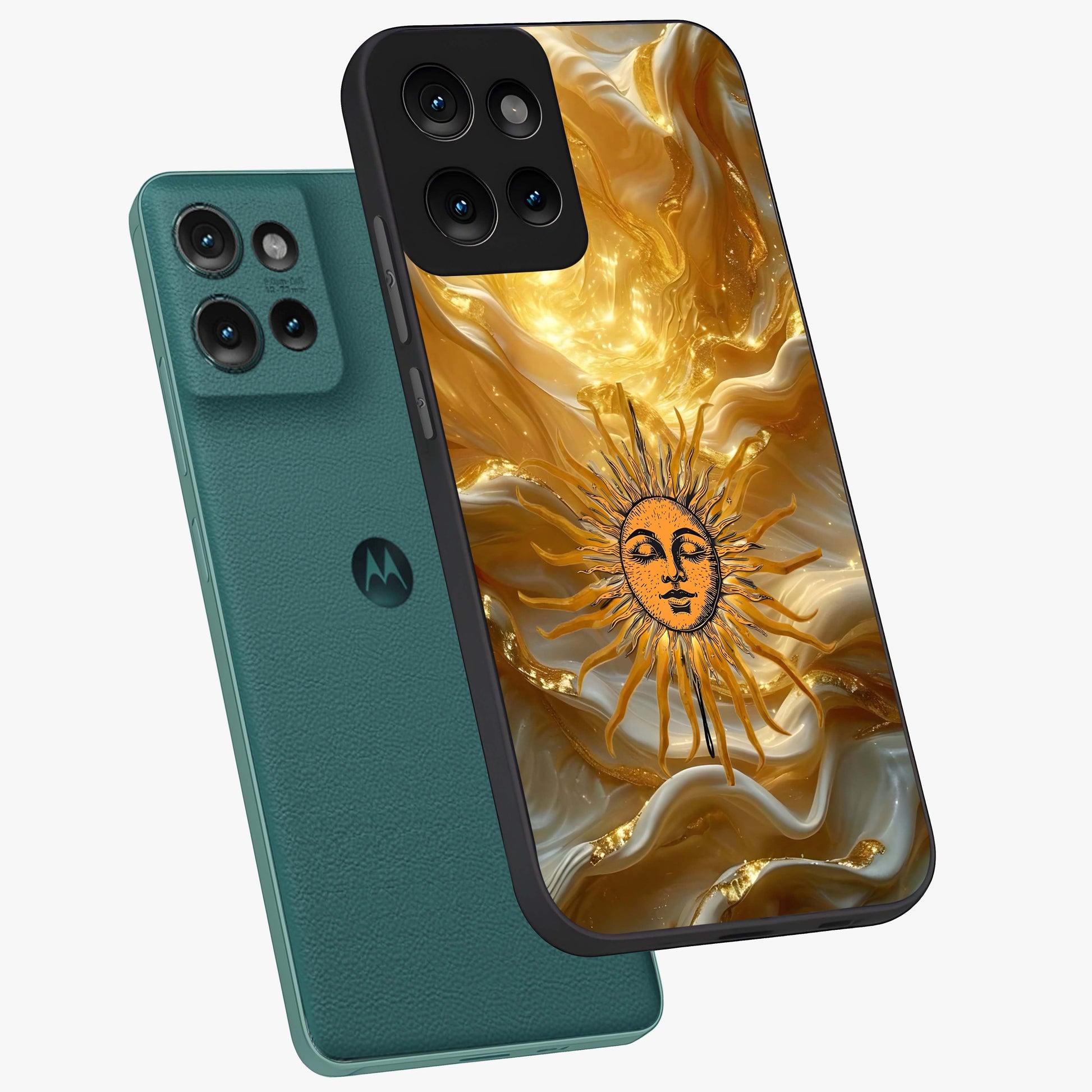 Eternal Golden Glow Glass Case displayed in angled mockup highlighting glowing golden aesthetic design with elegant style.