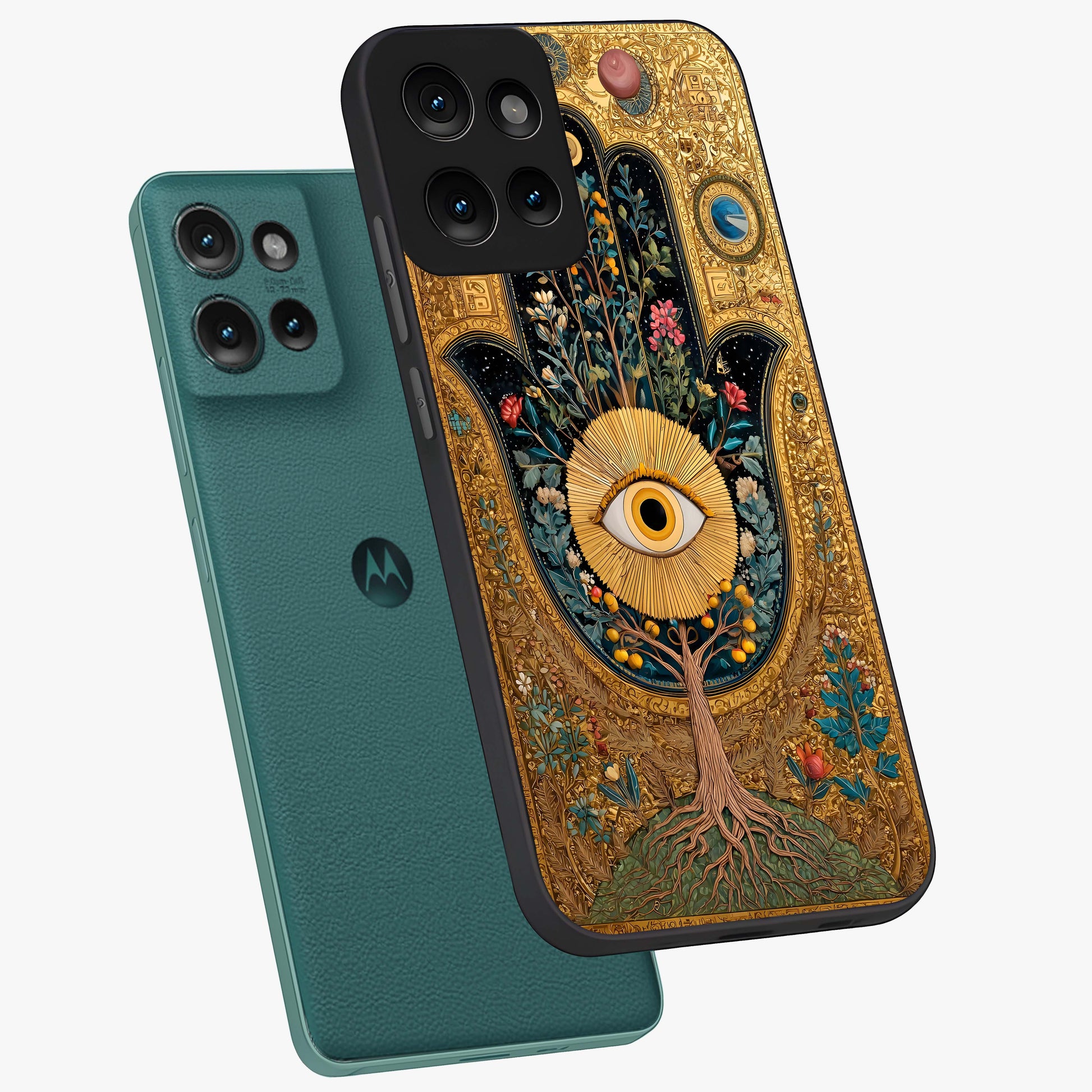 Ethereal Evil Eye Glass Case displayed in angled mockup highlighting protective evil eye symbol with spiritual aesthetic design.