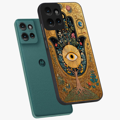 Ethereal Evil Eye Glass Case displayed in angled mockup highlighting protective evil eye symbol with spiritual aesthetic design.