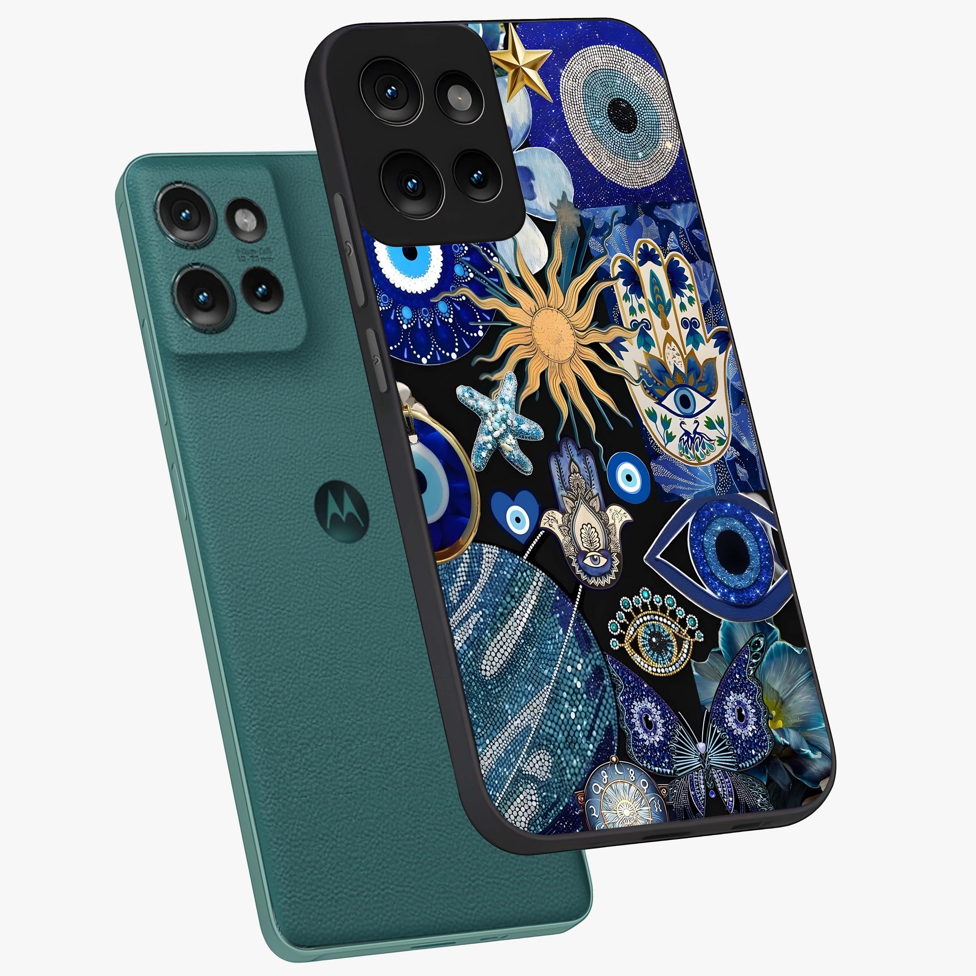 Evil Eye Charm Mix Glass Case displayed in angled mockup highlighting protective evil eye symbols with spiritual aesthetic design.
