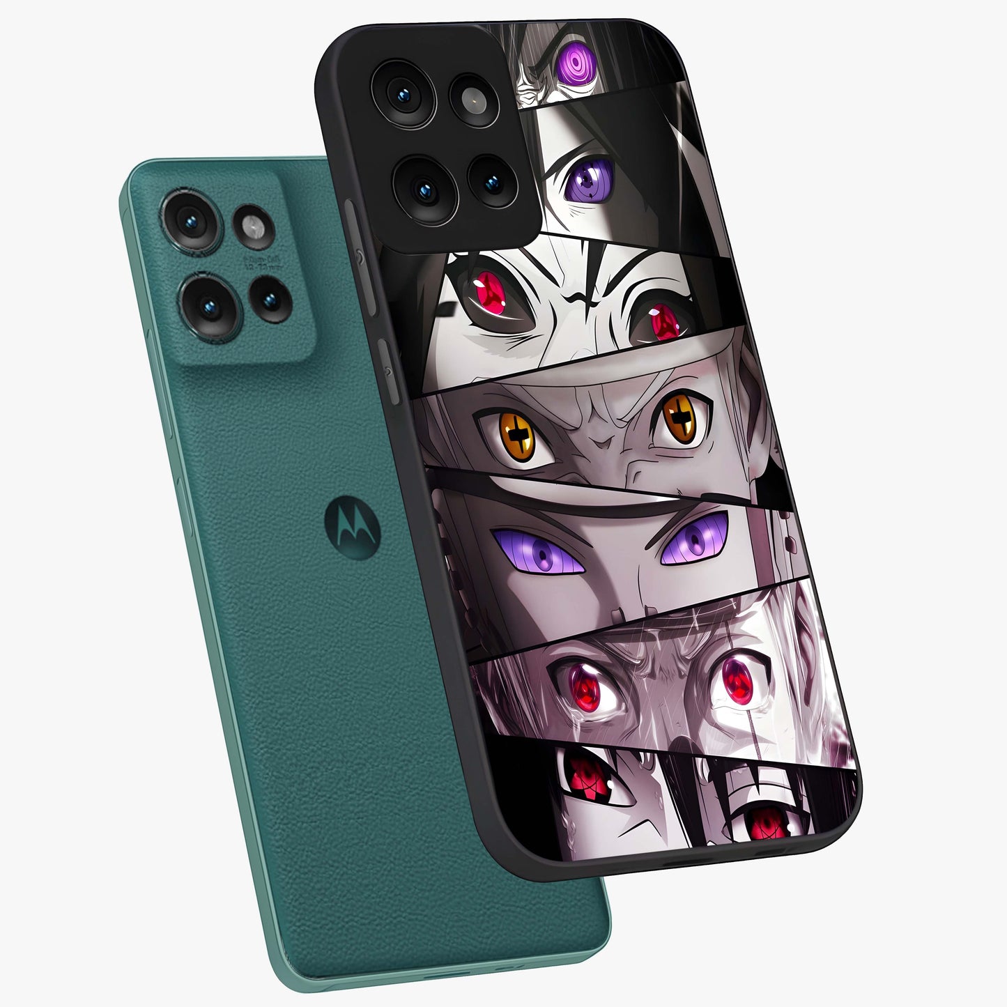 Eyes of Destiny Glass Case displayed in angled mockup highlighting bold eye illustration with mystical aesthetic style.