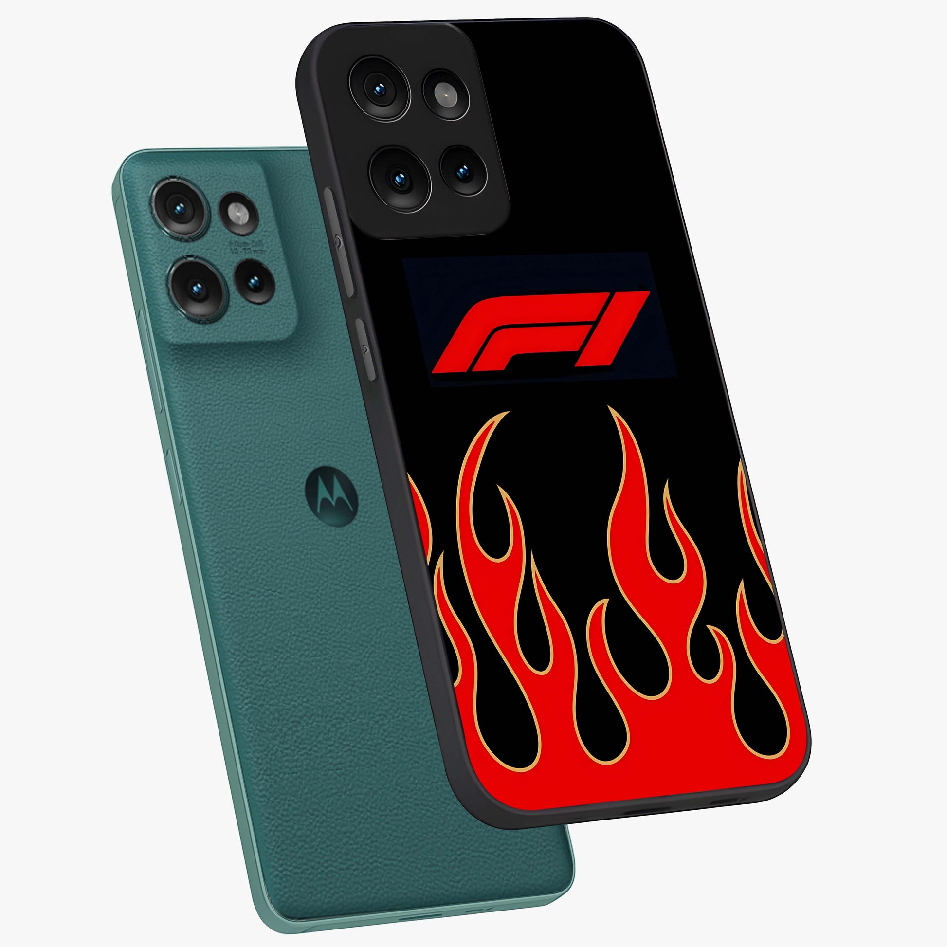 Fire F11 Glass Case displayed in angled mockup highlighting bold fire inspired graphic with energetic aesthetic style.
