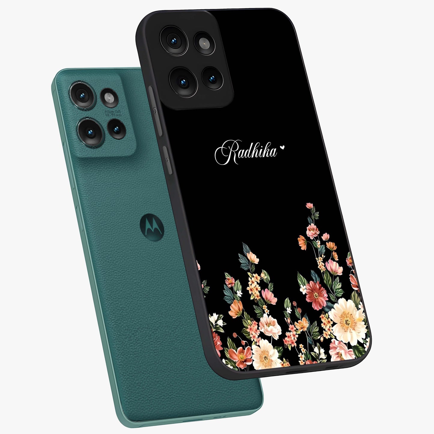 Floral Design With a Custom Personalized Name Glass Case displayed in angled mockup highlighting elegant floral pattern with custom name feature.
