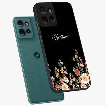 Floral Design With a Custom Personalized Name Glass Case displayed in angled mockup highlighting elegant floral pattern with custom name feature.