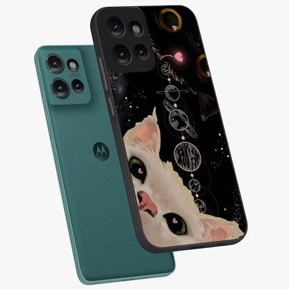 Galactic Cat Glass Case displayed in angled mockup highlighting celestial feline illustration with galaxy aesthetic style.