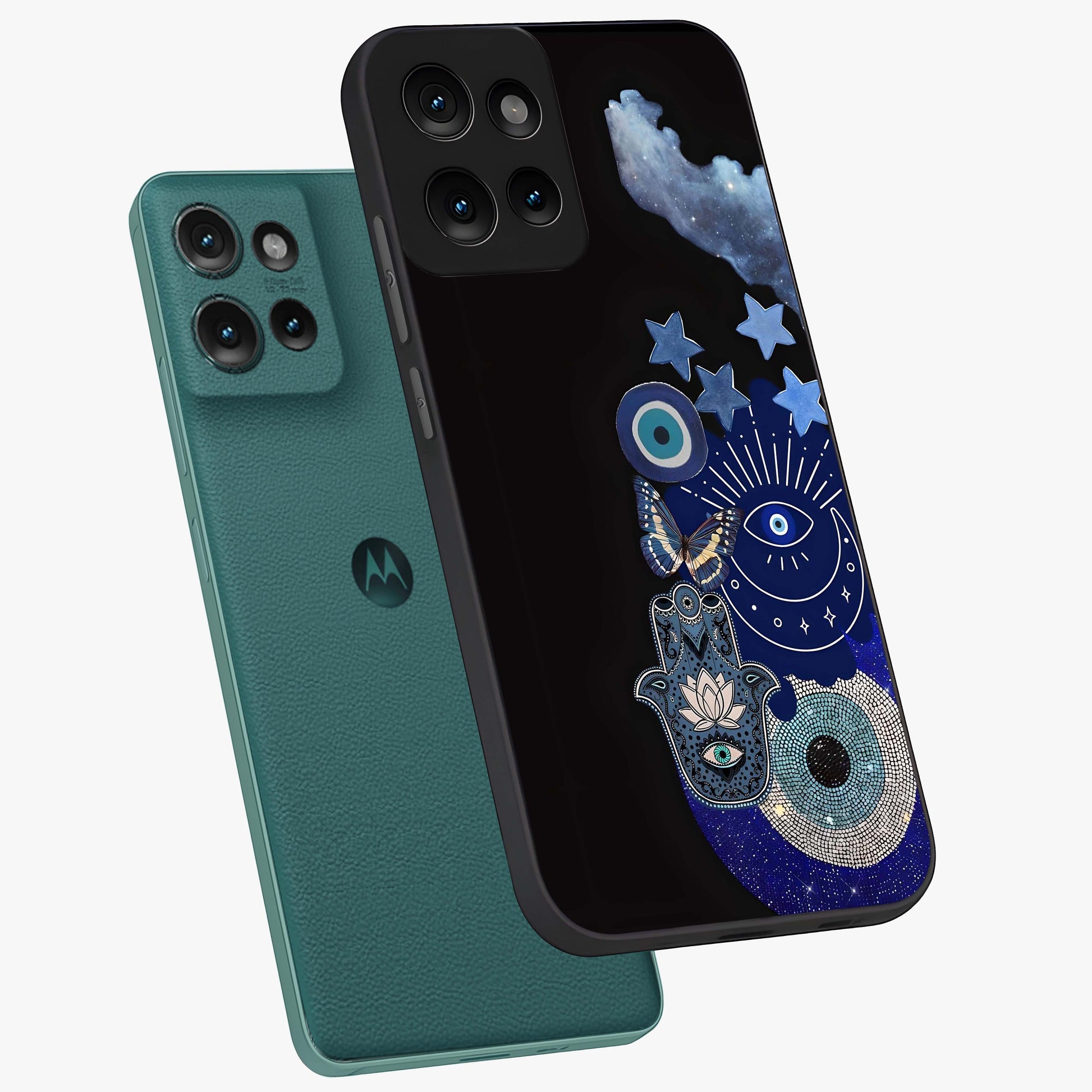 Galactic Charm Cluster Glass Case displayed in angled mockup highlighting luminous galaxy inspired design with dreamy aesthetic.