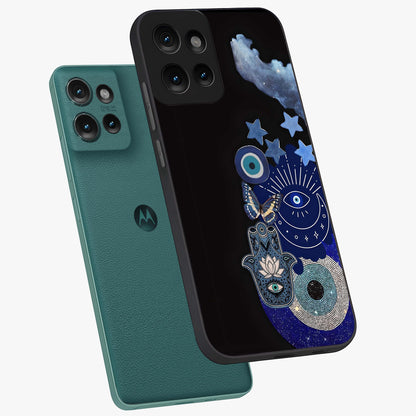 Galactic Charm Cluster Glass Case displayed in angled mockup highlighting luminous galaxy inspired design with dreamy aesthetic.