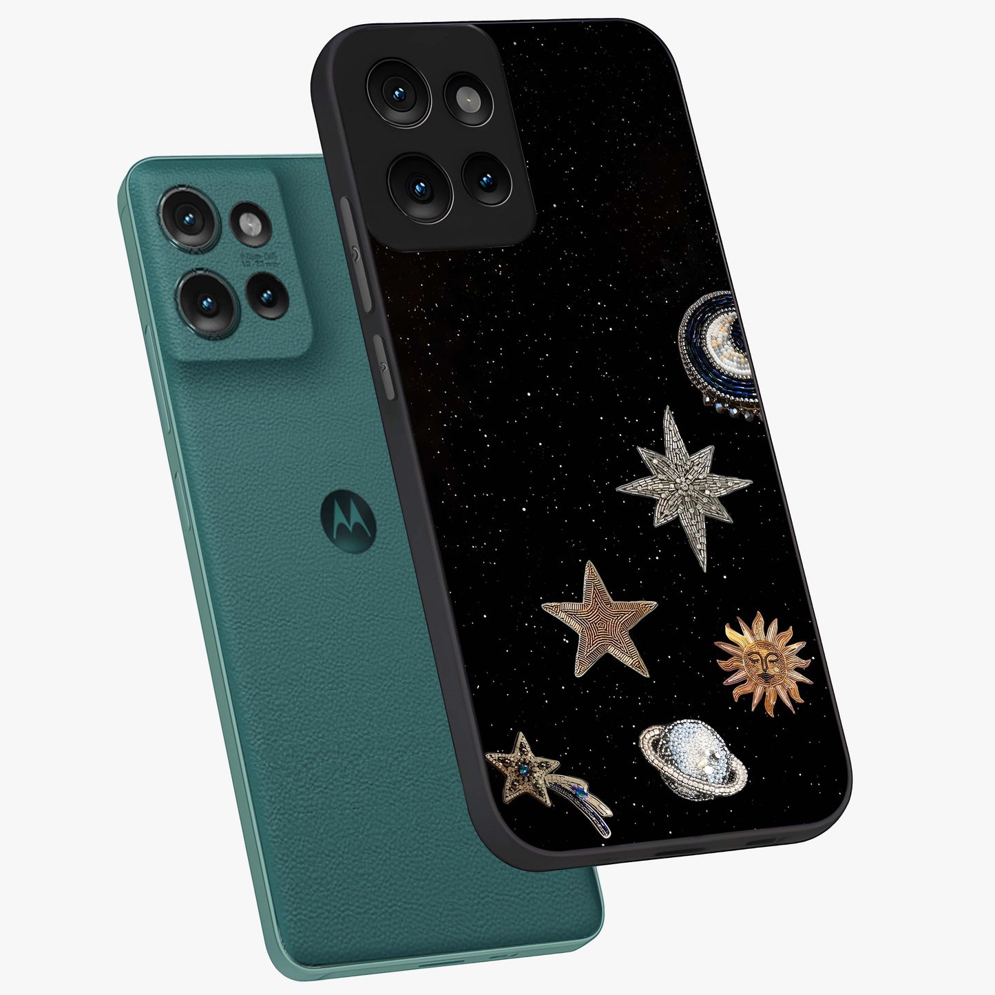Galactic Charm Glow Glass Case displayed in angled mockup highlighting luminous galaxy inspired design with dreamy aesthetic.