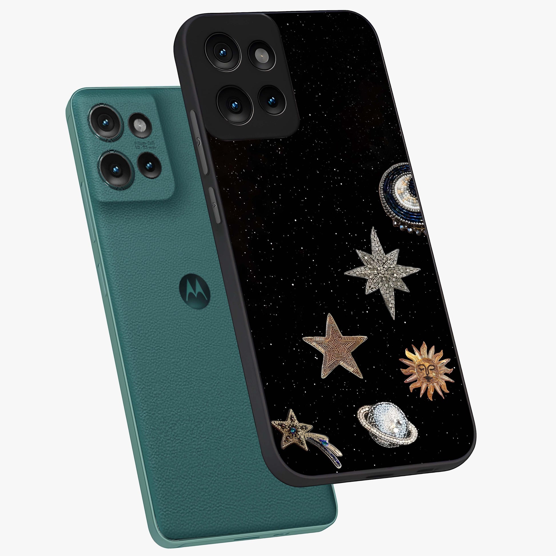 Galactic Charm Glow Glass Case displayed in angled mockup highlighting luminous galaxy inspired design with dreamy aesthetic.
