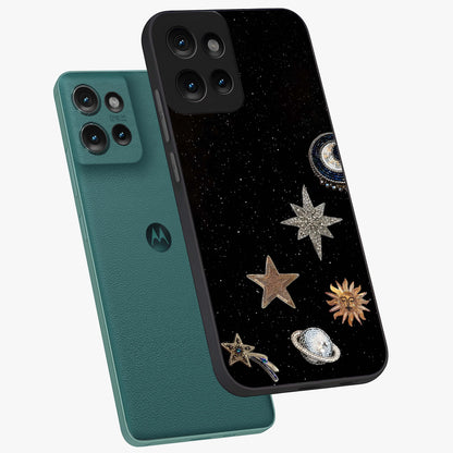 Galactic Charm Glow Glass Case displayed in angled mockup highlighting luminous galaxy inspired design with dreamy aesthetic.