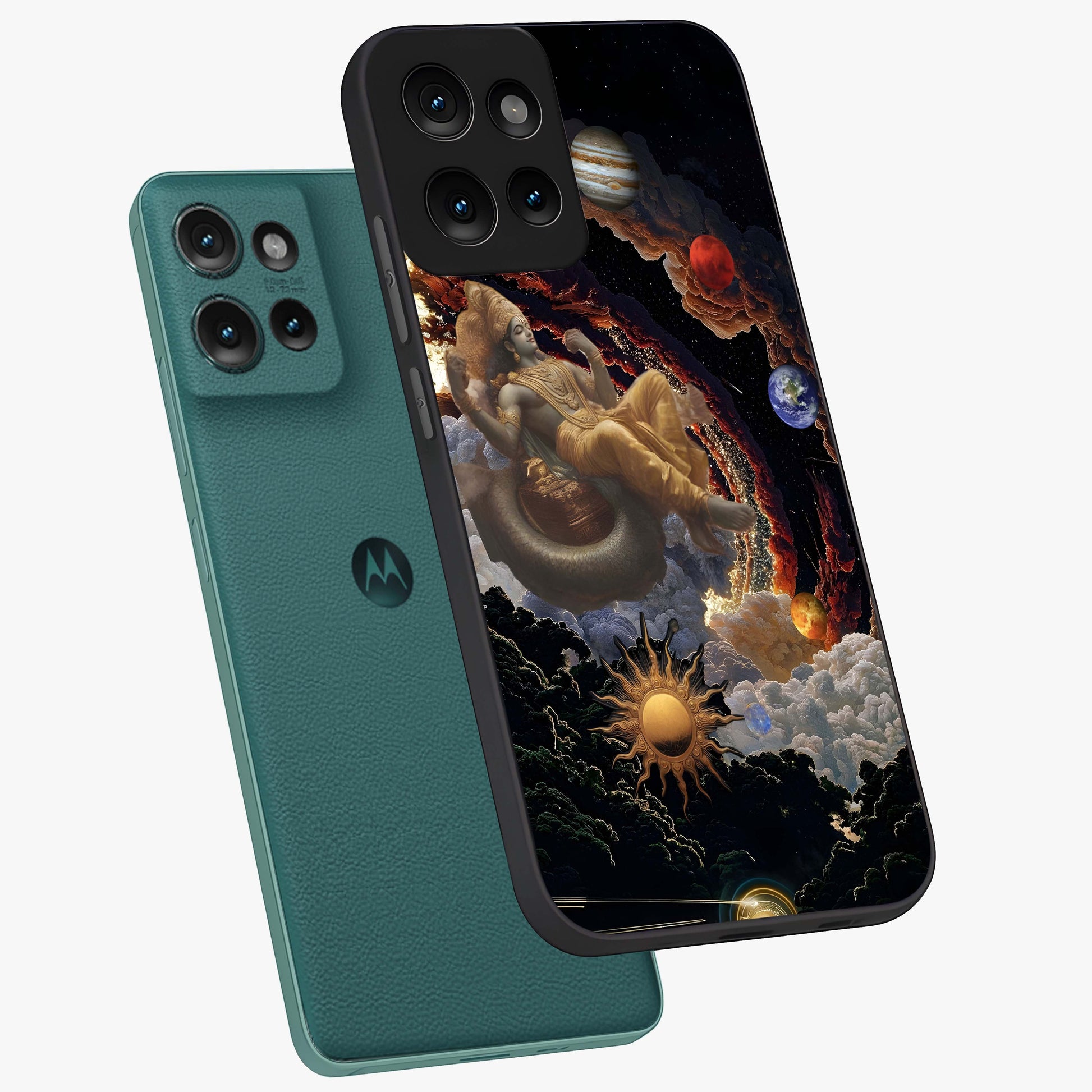 Galactic Divine God Glass Case displayed in angled mockup highlighting powerful celestial deity illustration with galactic aesthetic.