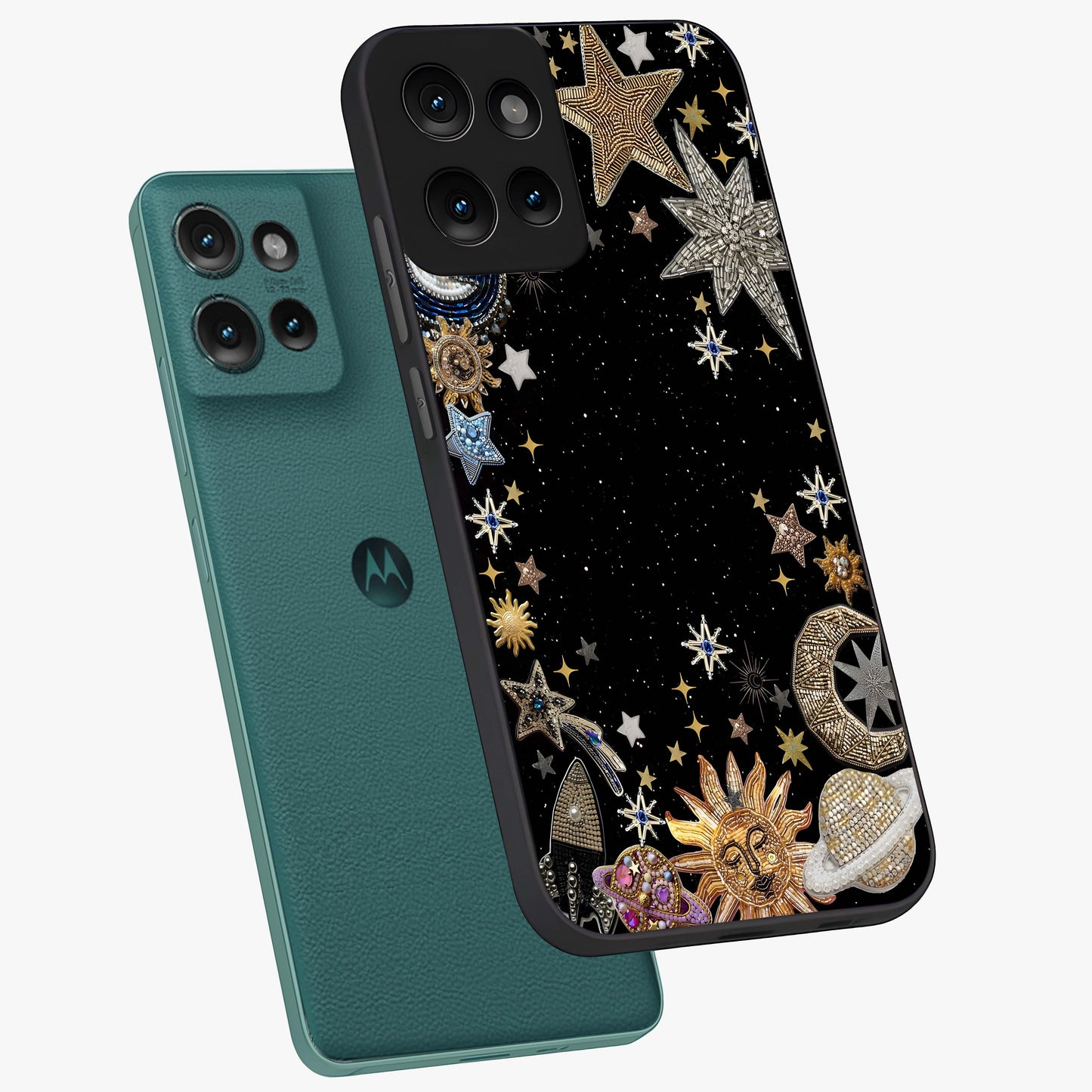 Galactic Jewel Stars Glass Case displayed in angled mockup highlighting shining celestial star design with cosmic aesthetic style.