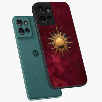 Golden Sun Minimalism Glass Case displayed in angled mockup highlighting clean sun symbol design with modern minimal aesthetic.