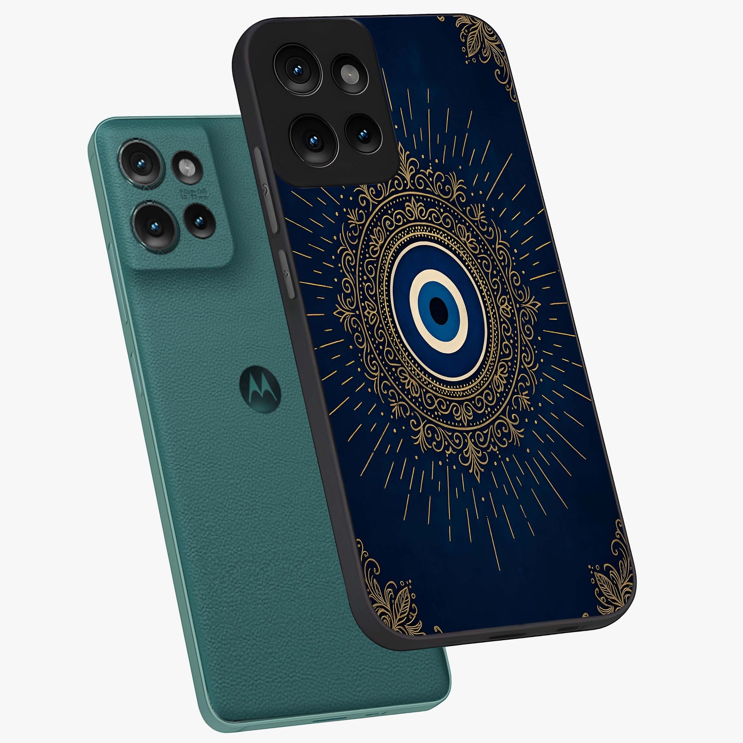 Golden Celestial Charm Glass Case displayed in angled mockup highlighting sparkling cosmic charm design with celestial aesthetic.