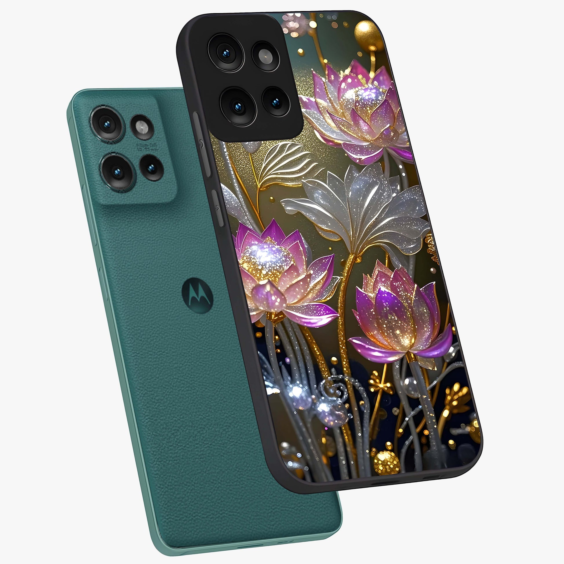 Golden Floral Majesty Glass Case displayed in angled mockup highlighting elegant flower design with royal golden aesthetic.