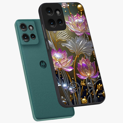 Golden Floral Majesty Glass Case displayed in angled mockup highlighting elegant flower design with royal golden aesthetic.