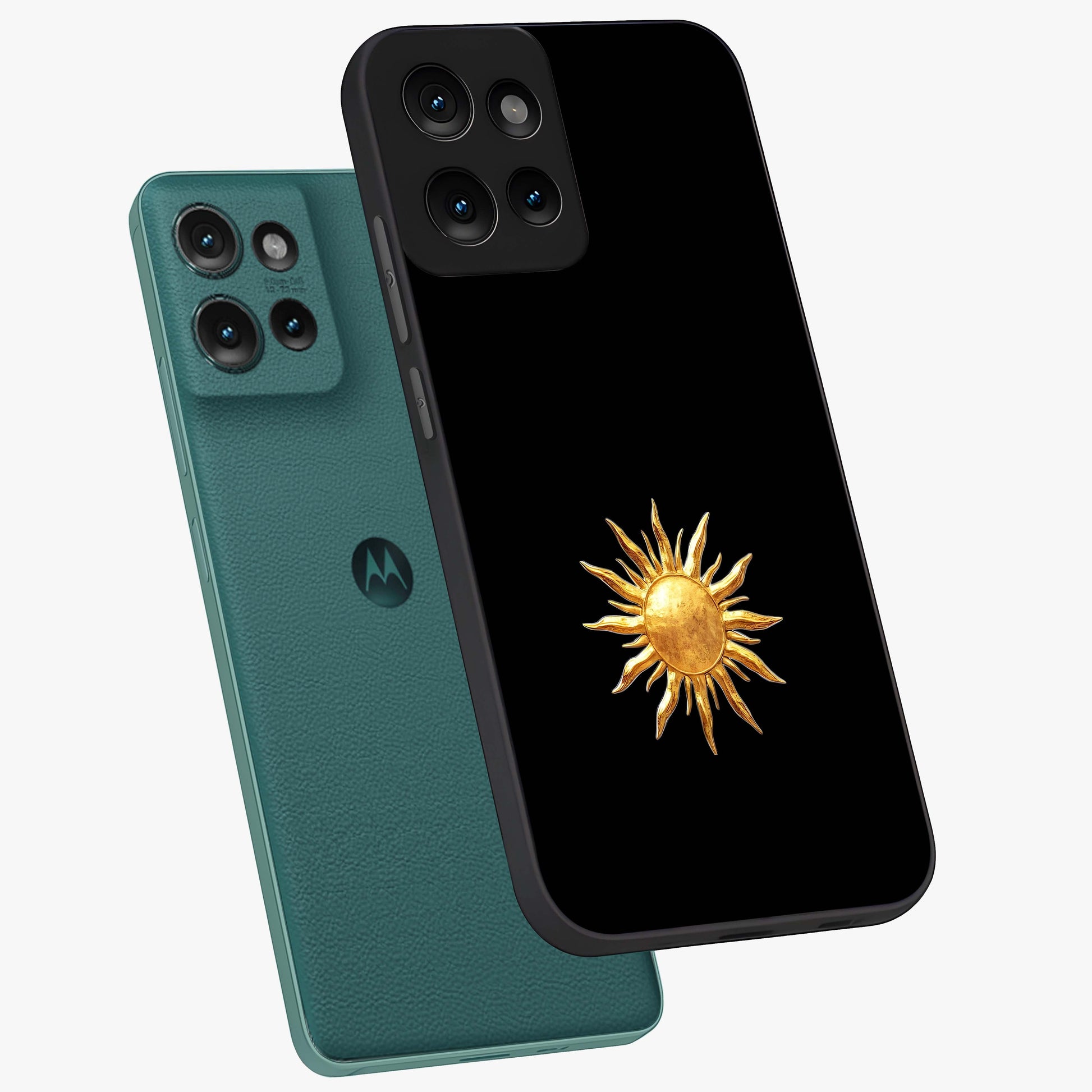 Golden Sun Minimalism Glass Case displayed in angled mockup highlighting eerie shadow illustration with gothic aesthetic.