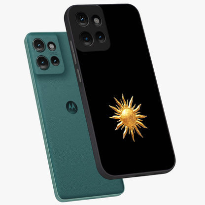 Golden Sun Minimalism Glass Case displayed in angled mockup highlighting eerie shadow illustration with gothic aesthetic.