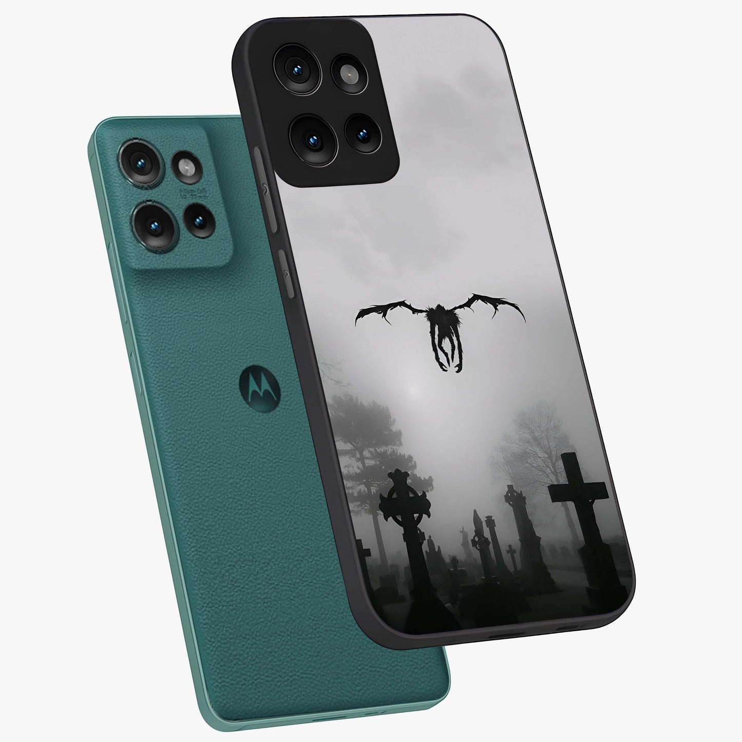 Graveyard Shadow Descent Glass Case displayed in angled mockup highlighting eerie shadow illustration with gothic aesthetic.