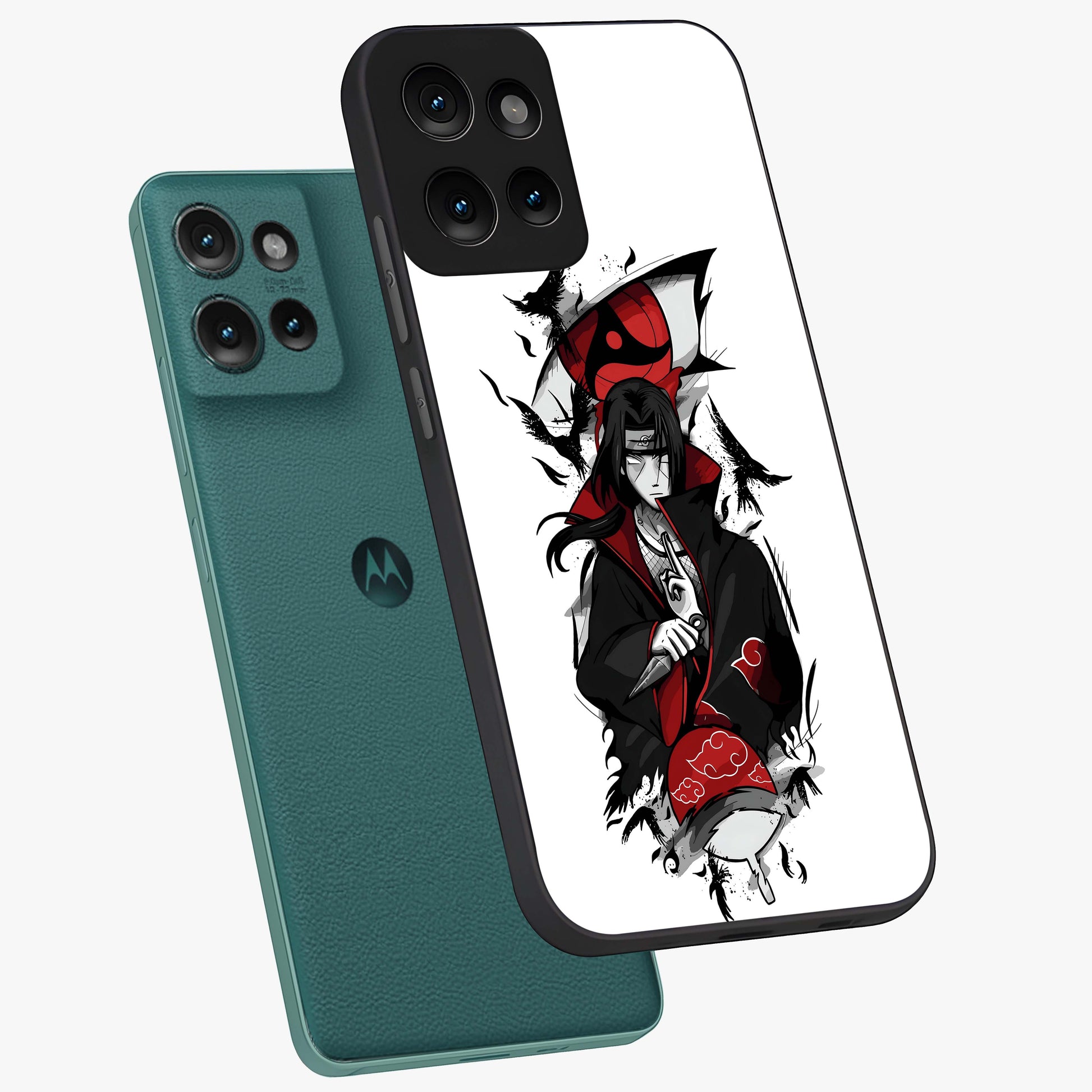 Itachi Limited Edition Naruto Anime Glass Case displayed in angled mockup highlighting dramatic anime illustration with bold action aesthetic.