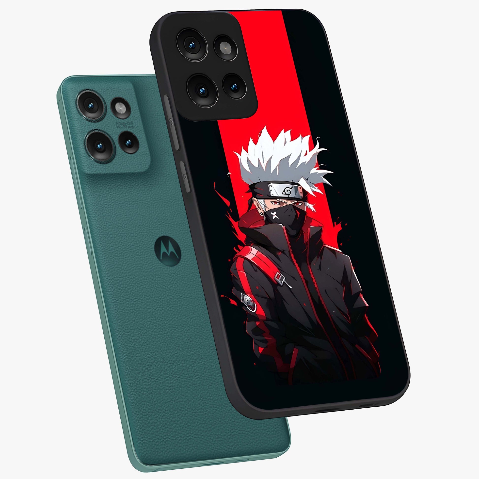 Kakashi Scarlet Shadow Glass Case displayed in angled mockup highlighting dramatic ninja illustration with scarlet themed aesthetic.