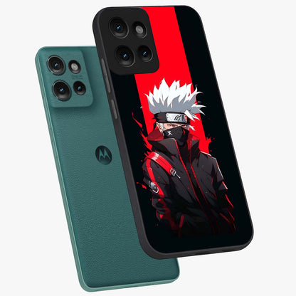 Kakashi Scarlet Shadow Glass Case displayed in angled mockup highlighting dramatic ninja illustration with scarlet themed aesthetic.