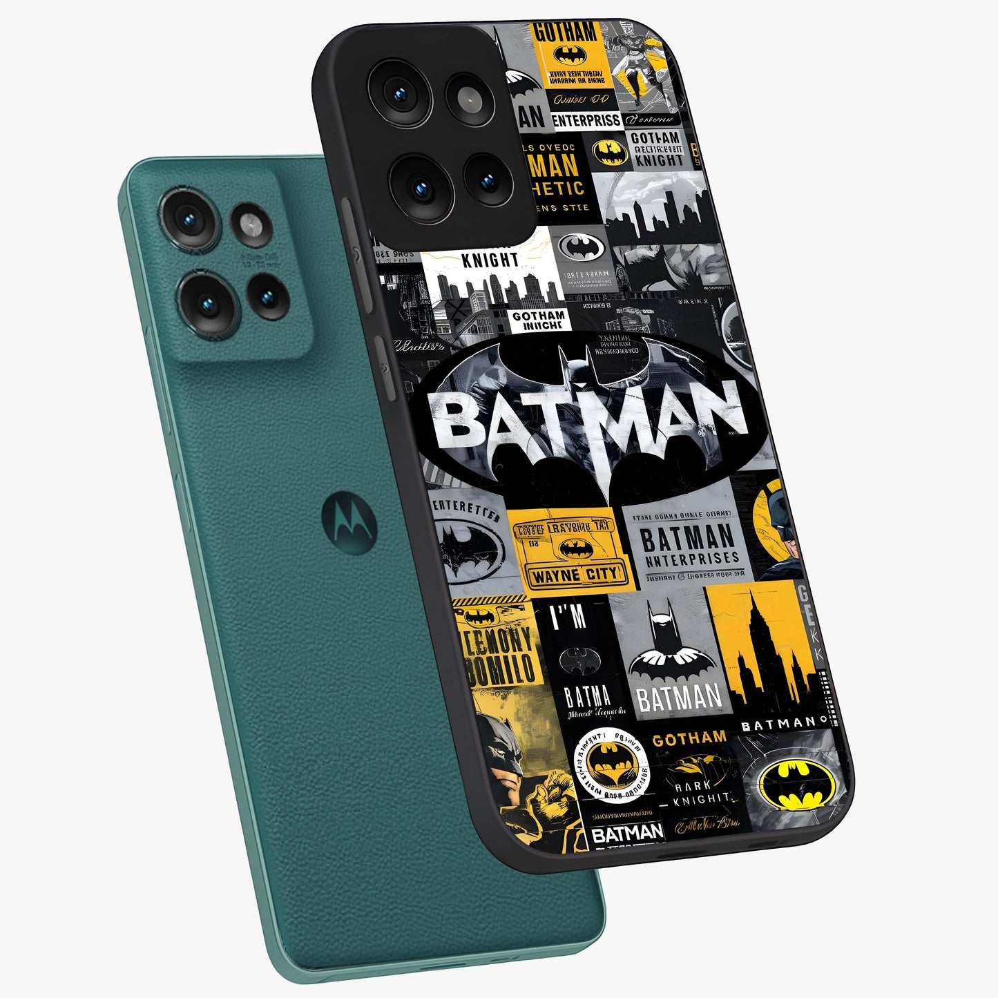 Knight Gotham Rise Glass Case displayed in angled mockup highlighting powerful knight silhouette design with dramatic aesthetic.