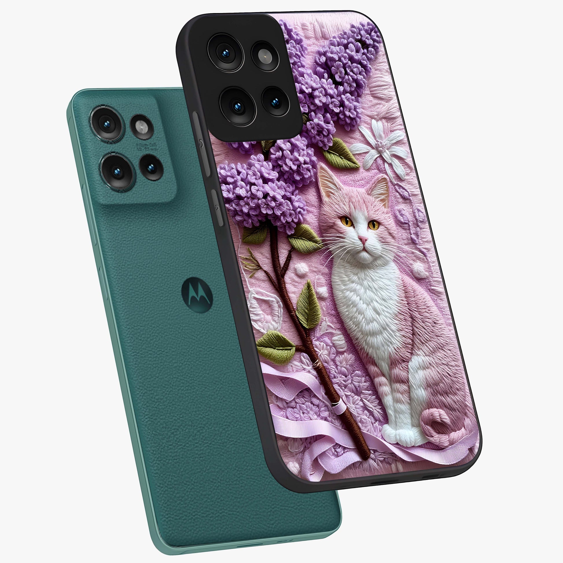 Lavender Cat Whimsy Glass Case displayed in angled mockup highlighting playful feline illustration with pastel lavender aesthetic.