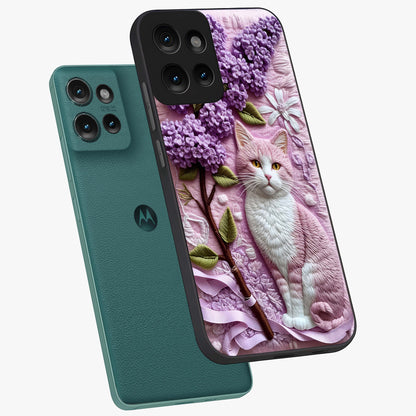 Lavender Cat Whimsy Glass Case displayed in angled mockup highlighting playful feline illustration with pastel lavender aesthetic.