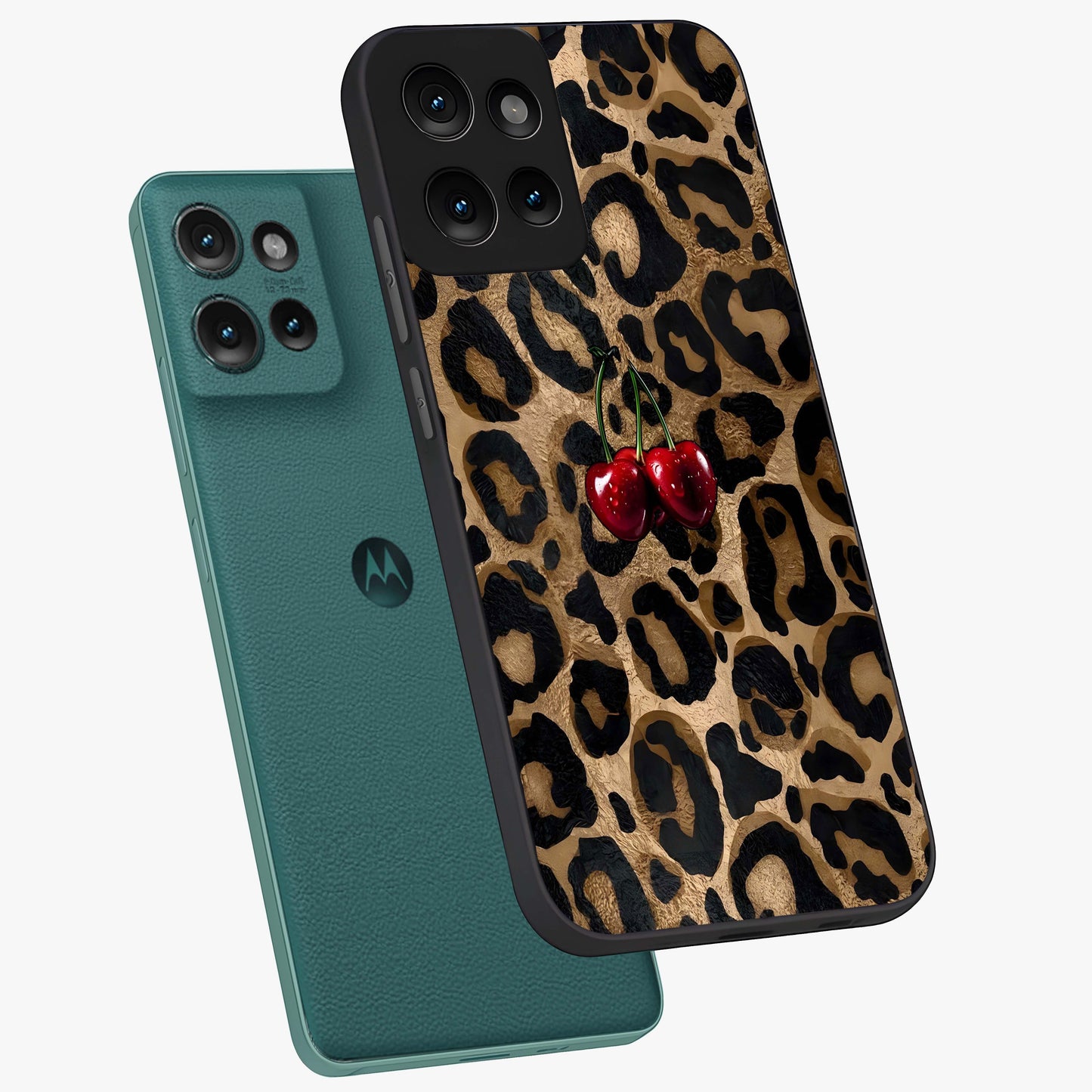 Leopard Wild Cherry Glass Case displayed in angled mockup highlighting bold animal print design with playful cherry aesthetic.