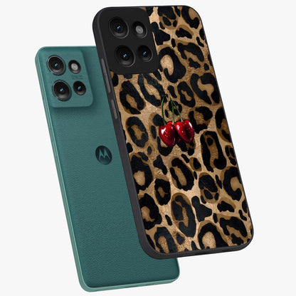 Leopard Wild Cherry Glass Case displayed in angled mockup highlighting bold animal print design with playful cherry aesthetic.